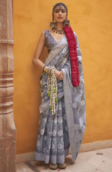 Slate Grey Abstract Print Silk Saree with Weaving