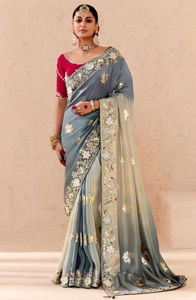 Slate Grey and Cream Embroidered Viscose Bemberg Designer Saree