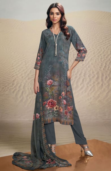Slate Grey Digital Print Crepe Pant Kameez