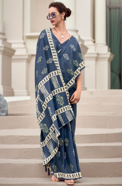 Slate Grey Digital Print Pure Mal Mal Silk Saree