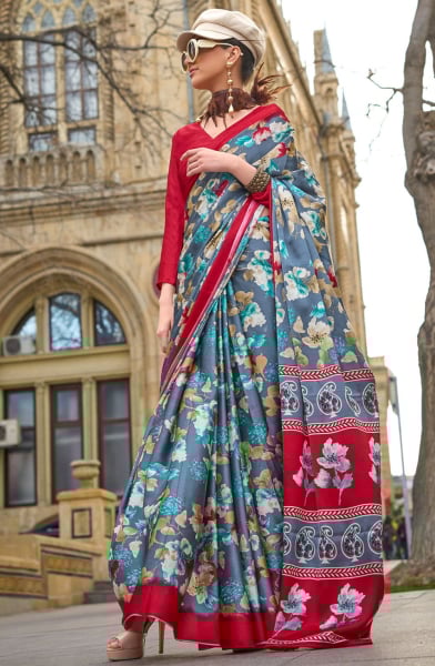 Slate Grey Digital Print Satin Crepe Saree