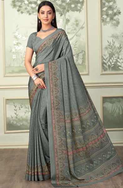 Slate Grey Digital Print Silk Crepe Saree