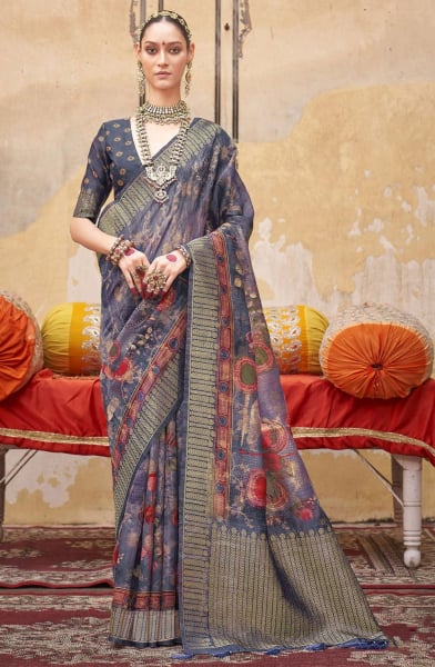 Slate Grey Digital Print Silk Saree