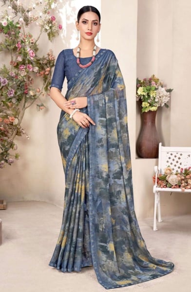 Slate Grey Embellished Chiffon Saree