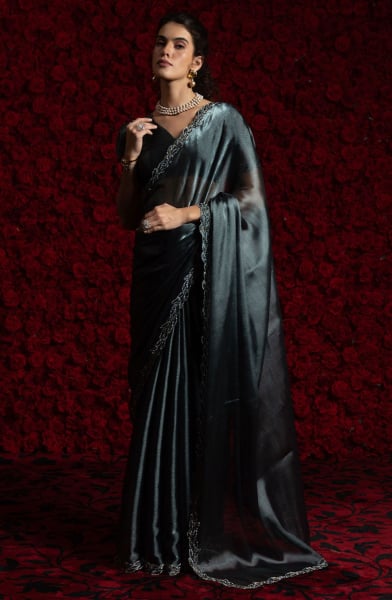 Slate Grey Embellished Tissue Chiffon Saree