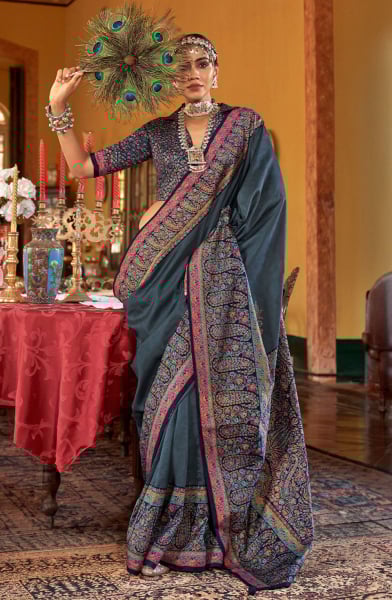 Slate Grey Embellished Viscose Silk Saree