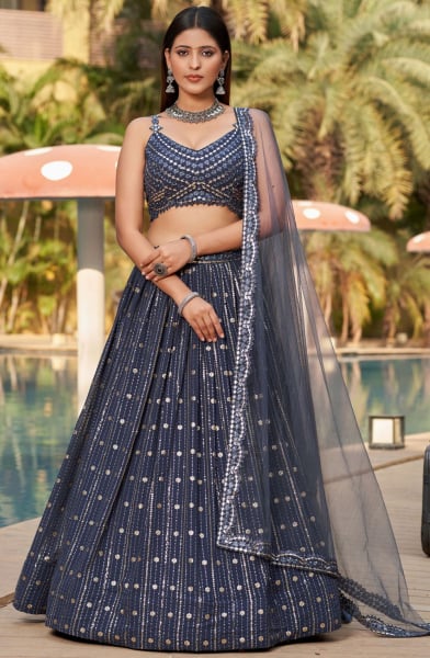 Slate Grey Embroidered Georgette Designer Lehenga Choli