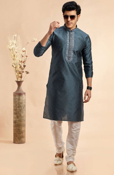 Slate Grey Embroidered Jacquard Art Silk Kurta Set