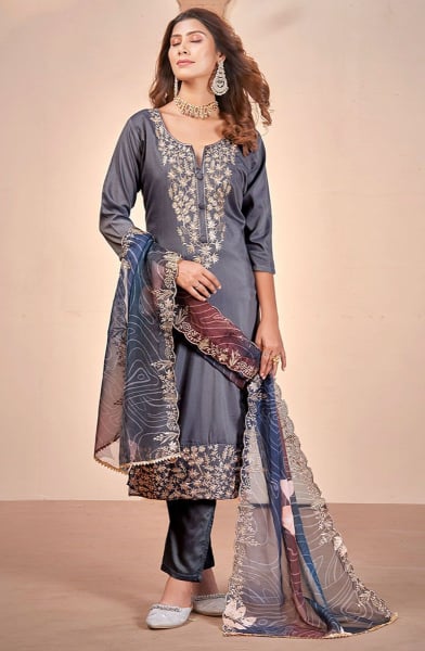 Slate Grey Embroidered Muslin Pant Kameez