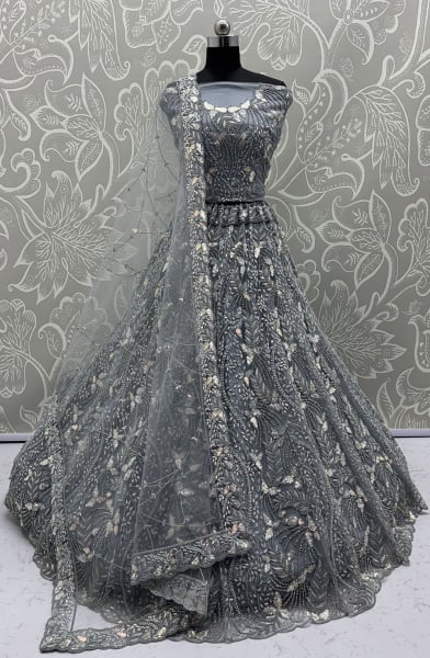 Slate Grey Embroidered Net Bridal Lehenga Choli