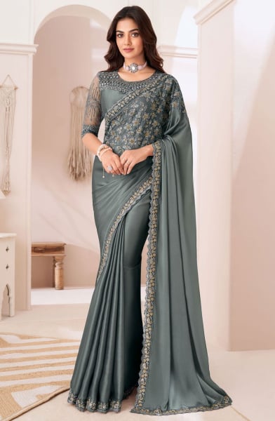 Slate Grey Embroidered Saree with Designer Blouse