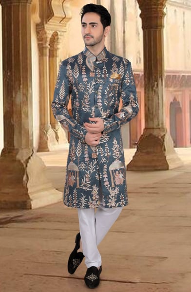 Slate Grey Embroidered Silk Designer Sherwani