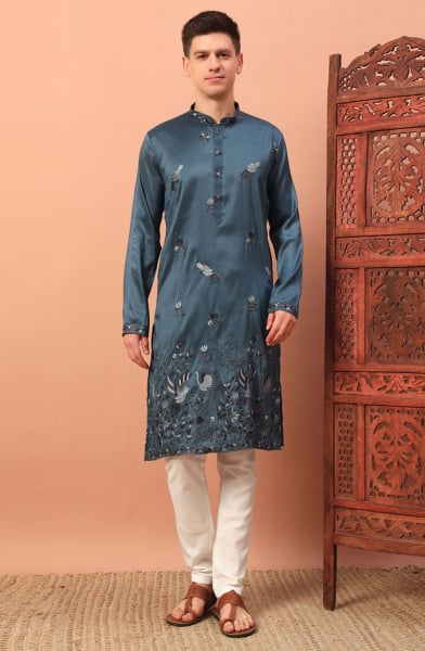 Slate Grey Embroidered Silk Kurta Set
