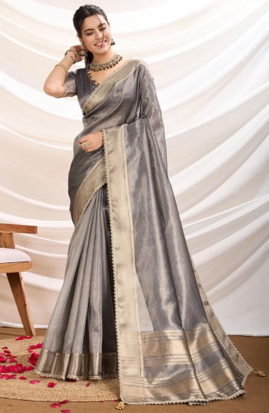 Slate Grey Gold Infused Tissue Linen Saree
