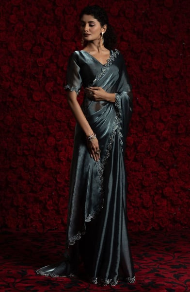 Slate Grey Handwork Tissue Chiffon Saree