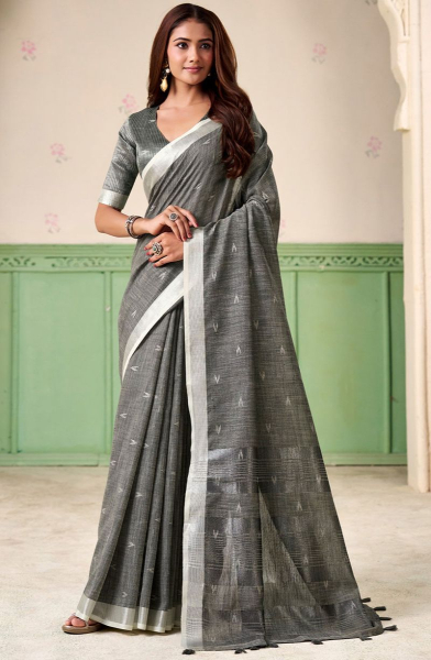 Slate Grey Line Silk Saree with Zari Patta