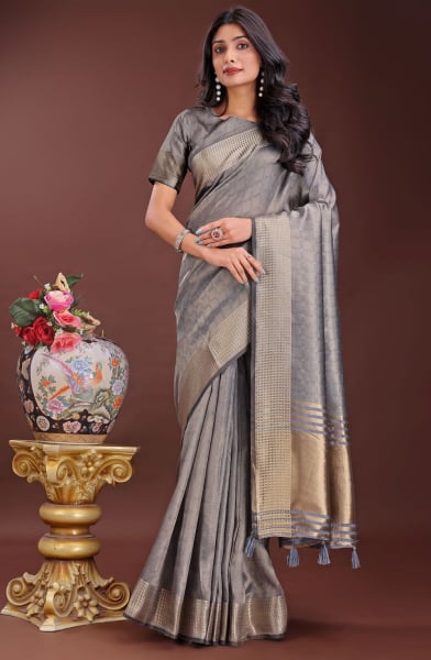 Slate Grey Organza Printed Saree