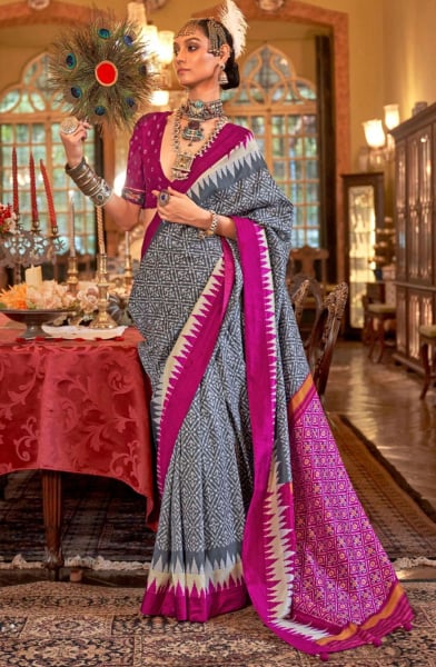 Slate Grey Patola Design Viscose Silk Saree