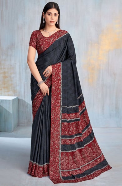 Slate Grey Printed Crepe Casual Saree