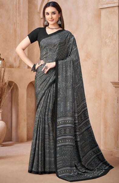 Slate Grey Printed Crepe Casual Saree