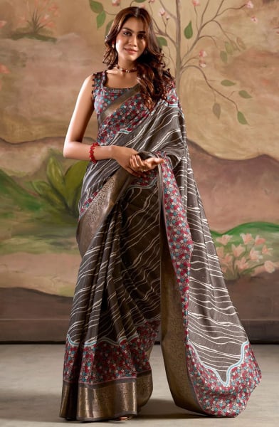 Slate Grey Printed Dola Silk Saree