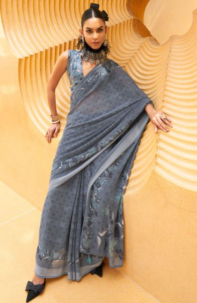 Slate Grey Printed Georgette Saree