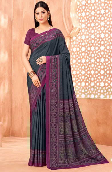 Slate Grey Printed Silk Crepe Saree