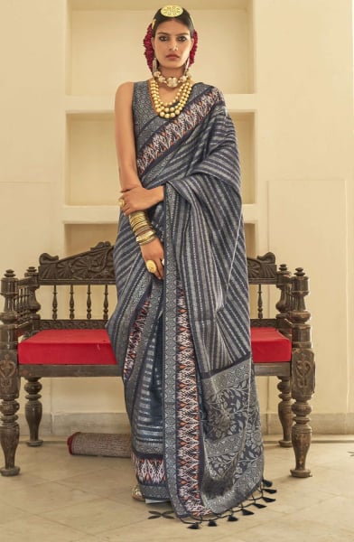 Slate Grey Printed Silk Saree with Weaving