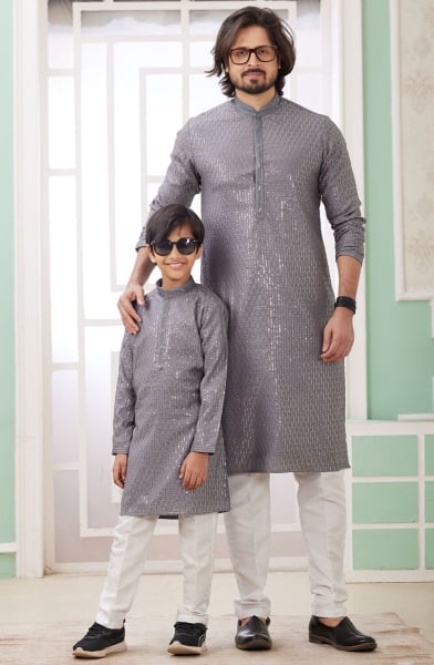 Slate Grey Sequins Embroidered Art Silk Kurta Set Combo
