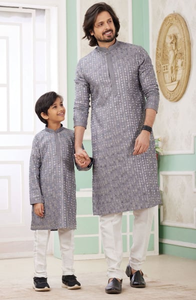 Slate Grey Sequins Embroidered Art Silk Kurta Set Combo