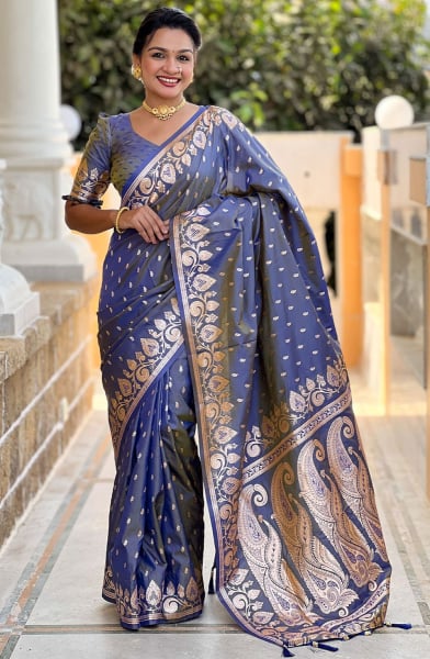 Slate Grey Zari Woven Banarasi Silk Saree