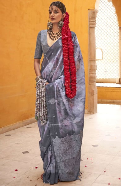 Smoke Grey Abstract Print Silk Saree with Weaving