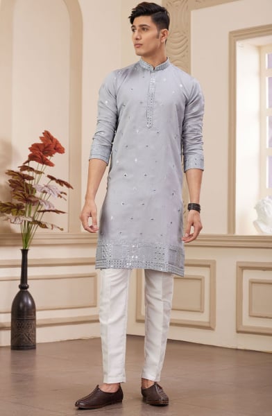 Smoke Grey Embroidered Art Silk Kurta Set