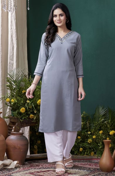 Smoke Grey Embroidered Cotton Kurti with Bottom