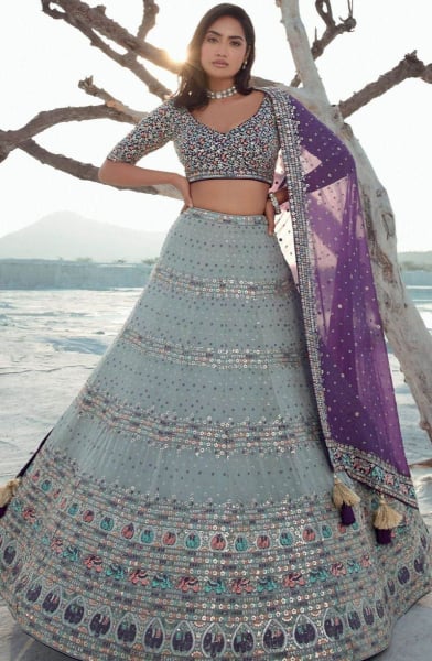 Smoke Grey Embroidered Georgette Designer Lehenga Choli