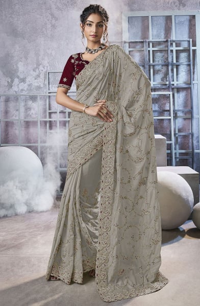 Smoke Grey Embroidered Georgette Designer Saree