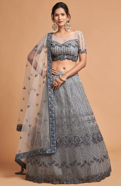 Smoke Grey Embroidered Net Lehenga Choli for Wedding
