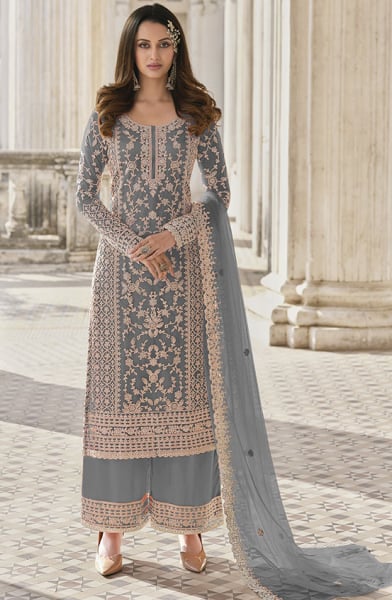 Smoke Grey Embroidered Net Palazzo Kameez