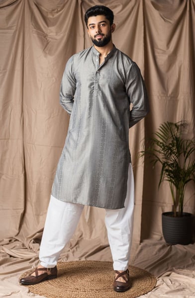 Smoke Grey Embroidered Rayon Kurta Set