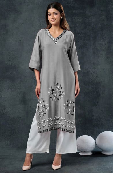 Smoke Grey Embroidered Rayon Kurta with Bottom