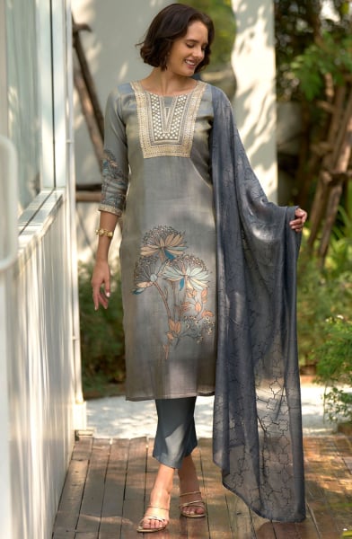 Smoke Grey Embroidered Tissue Readymade Pant Kameez