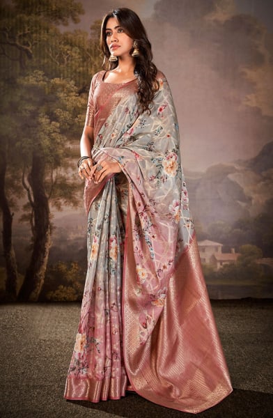 Smoke Grey Floral Print Cotton Silk Saree