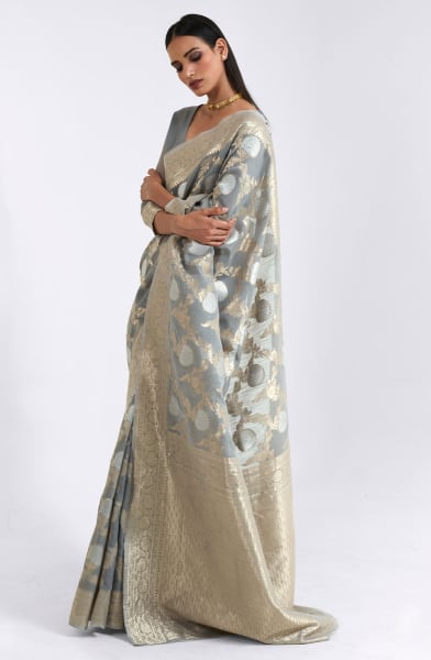 Smoke Grey Linen Saree with Zari Weaving