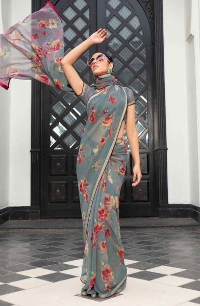 Smoke Grey Printed Casual Georgette Saree