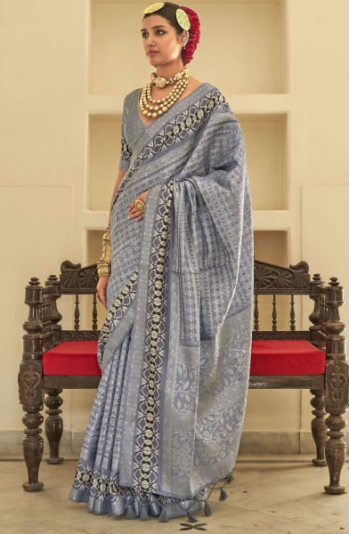 Smoke Grey Printed Silk Saree with Weaving
