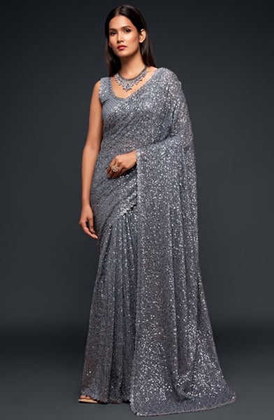 Smoke Grey Sequined Georgette Designer Saree for Party