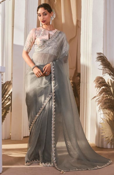 Smoke Grey Sequins Embroidered Tissue Organza Saree