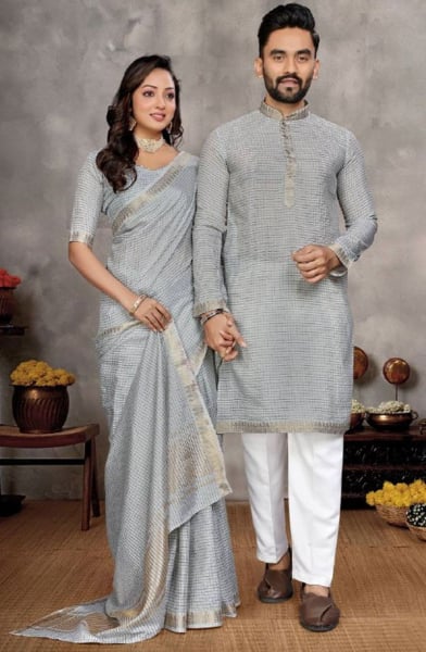 Smoke Grey Silk Festival Wear Couple Combo
