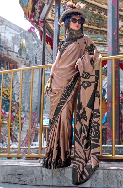 Snuff Brown Digital Print Satin Crepe Saree