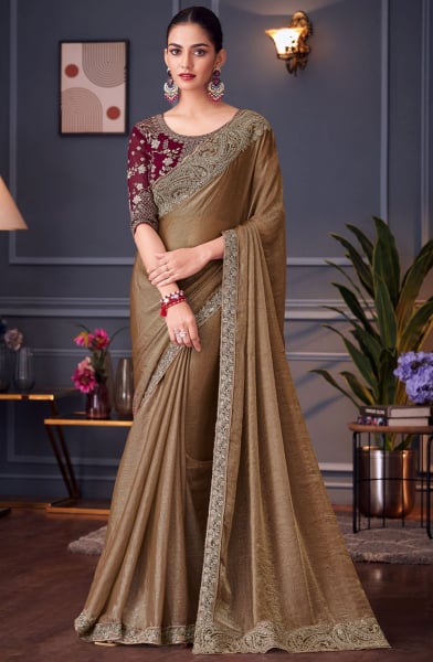 Snuff Brown Embroidered Double Tone Silk Designer Saree